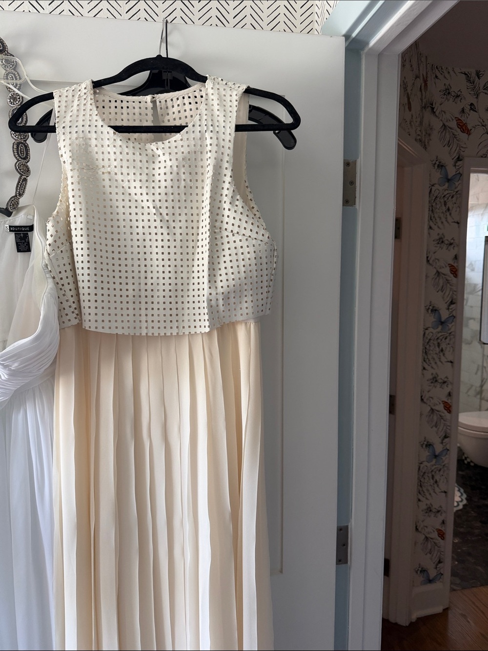 BCBGeneration Ivory & Cream Studded Crop Bodice Pleated Maxi Dress